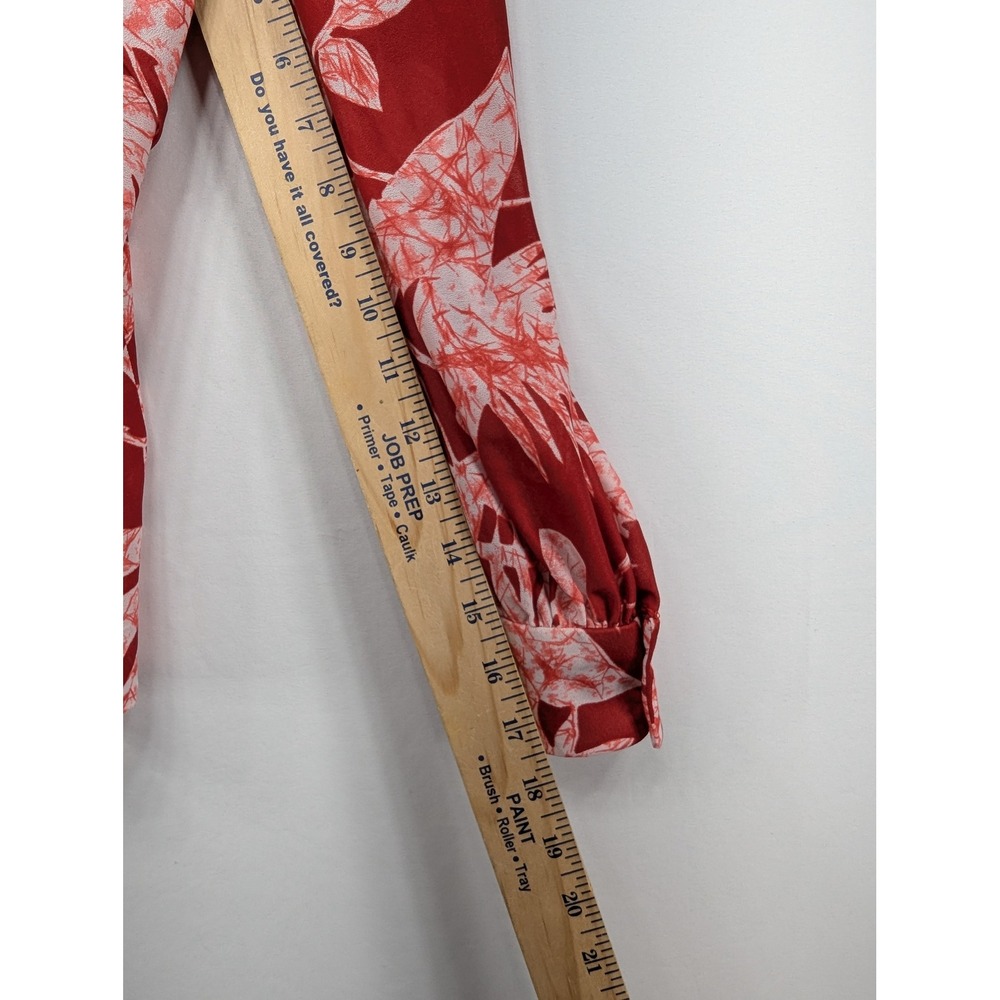 Red White Tropical Floral High Neck‎ Pleated Front Blouse Long Sleeve Small - Picture 7 of 7